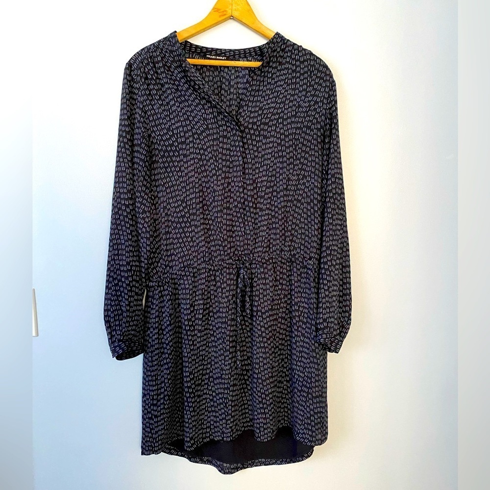 Hilary Radley Size Medium Printed Dress, Navy Blue Long Sleeve Tie Waist Dress